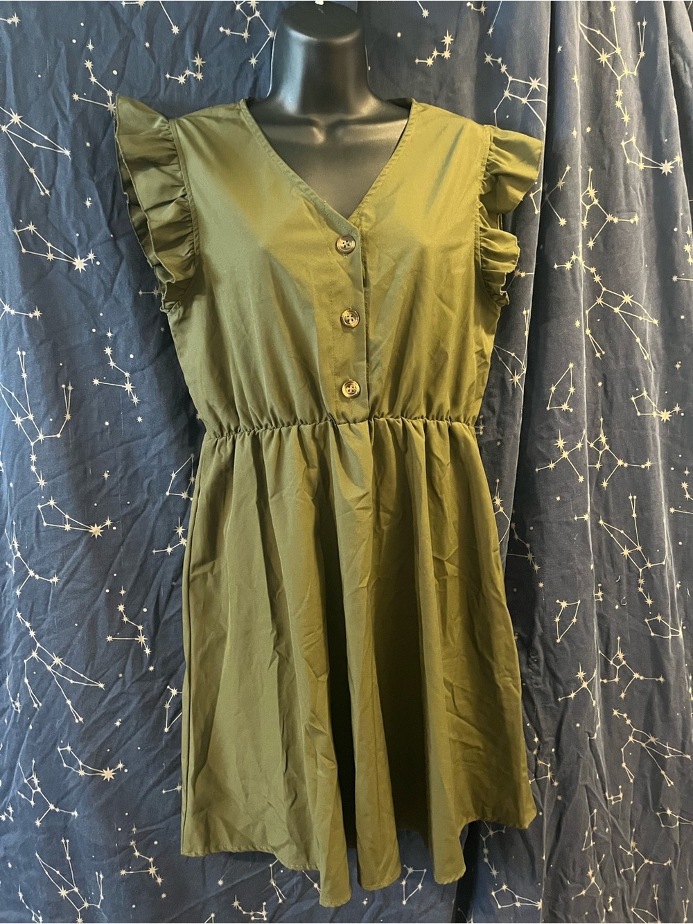 SHEIN Olive Green V-Neck Ruffle Sleeve Mini Dress